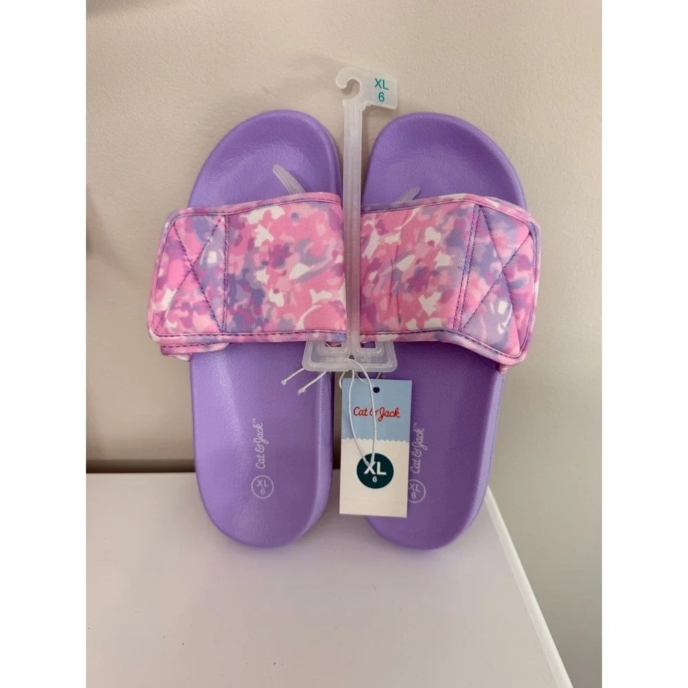 Cat & Jack Slide Sandals Girls XL 6 Purple Pink Camo Adjustable NWT